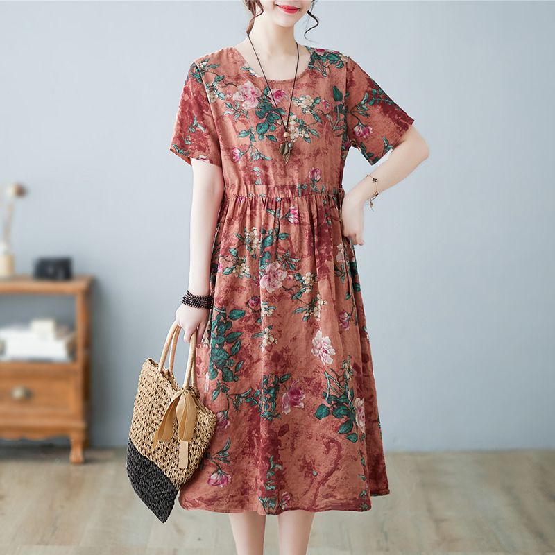Summer Cotton Linen Literary Vintage Printing Loose Casual Robe Ladies Round Neck Lace Up Waist Dress Vestidos De Fiesta: XXXL / Ivory