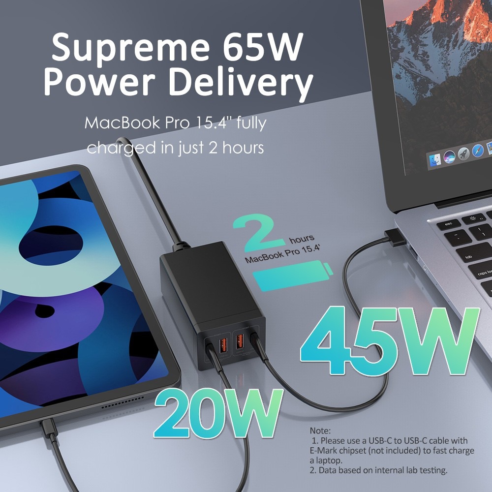 Schnellladegerät mit 65w usb-c- und usb-a-anschlüssen, 4 pps-  pd3.0 qc3.0 scp- und afc-anschlüssen für iphone 13 pro max, laptops und macbooks