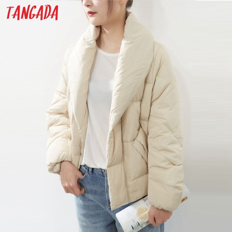 Tangada Women Solid Turn Down Collar Oversize Parkas Winter Female Coat Overcoat ATP5