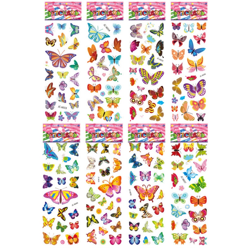 Autocollants imperméables à motif papillon de dessin animé 3D, jouet de bricolage pour enfants, décoration de chambre de filles, autocollant Kawaii, 8 feuilles/ensemble