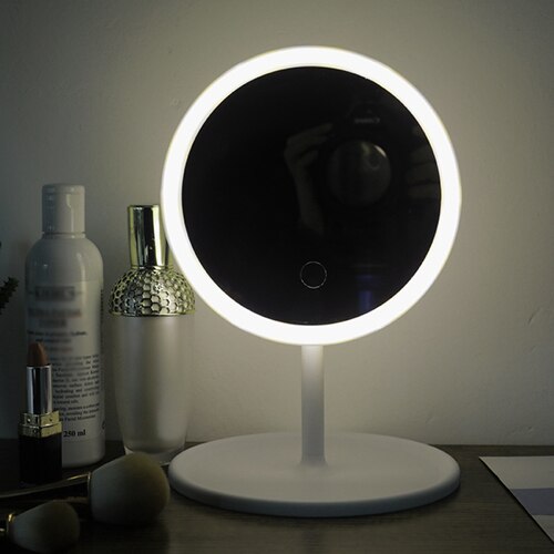 Escritorio Mesa Redonda espejo de tocador para maquillaje con luz Led 3 Color espejo cosmético portátil compacto de fondo de pequeños espejos: White-2600mAh
