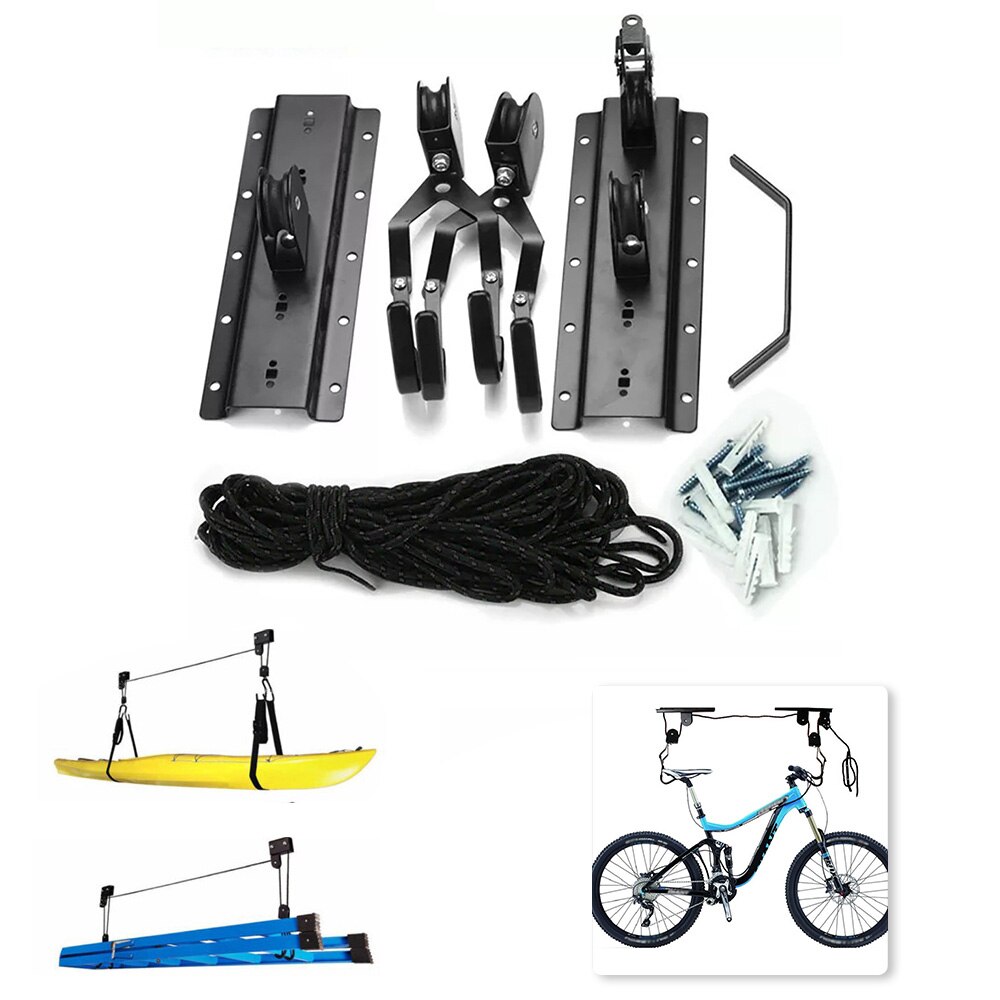 Strong Bike Bicycle Lift Ceiling Mounted Hoist Storage Garage Hanger Pulley Rack MetalLift Assemblies Pulley RackUniversal Black