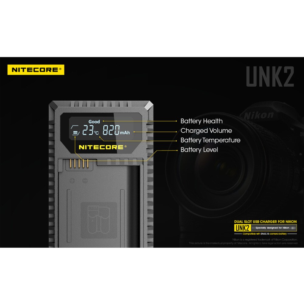 Nitecore UNK2 Dual USB Charger For Nikon EN-EL15 Battery D500 D600 D610 D750 D800 D800E D810 D810A V1 1V1 D850 D7000 D7100