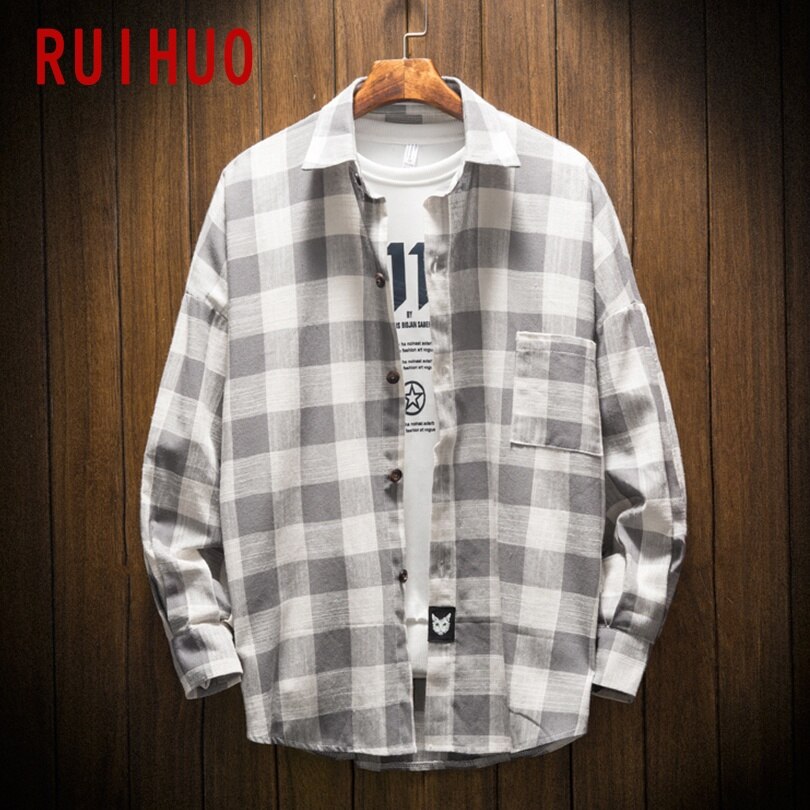 Ruihuo våren casual langermet rutete skjorte herre slim fit bomull herre skjorte japan stil herre klær merke topper m -5xl