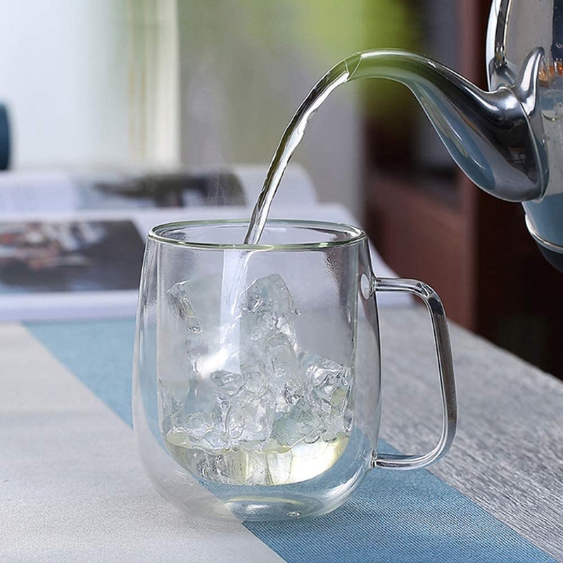 Double Wall Glass Coffee Mugs Tea Cups Set of 2, Thermal Insulated and No Condensation with Wide Handle (300ML)