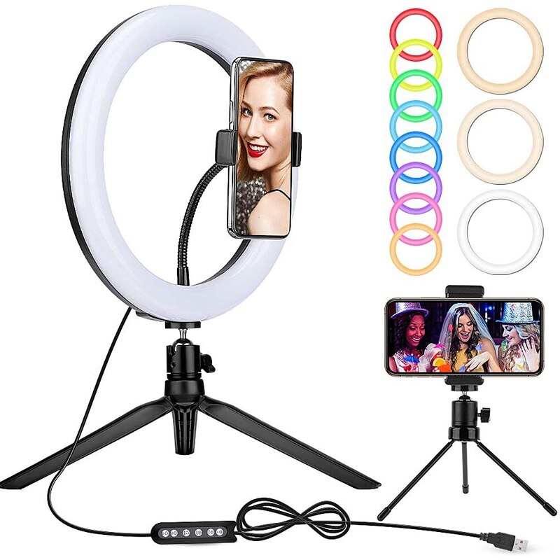 10 '' rgb selfie ring lys med stativ stander og telefonholder dæmpbar led bord cirkel lampe med 10 farver bærbare halo lys: 10 tilstande rgb