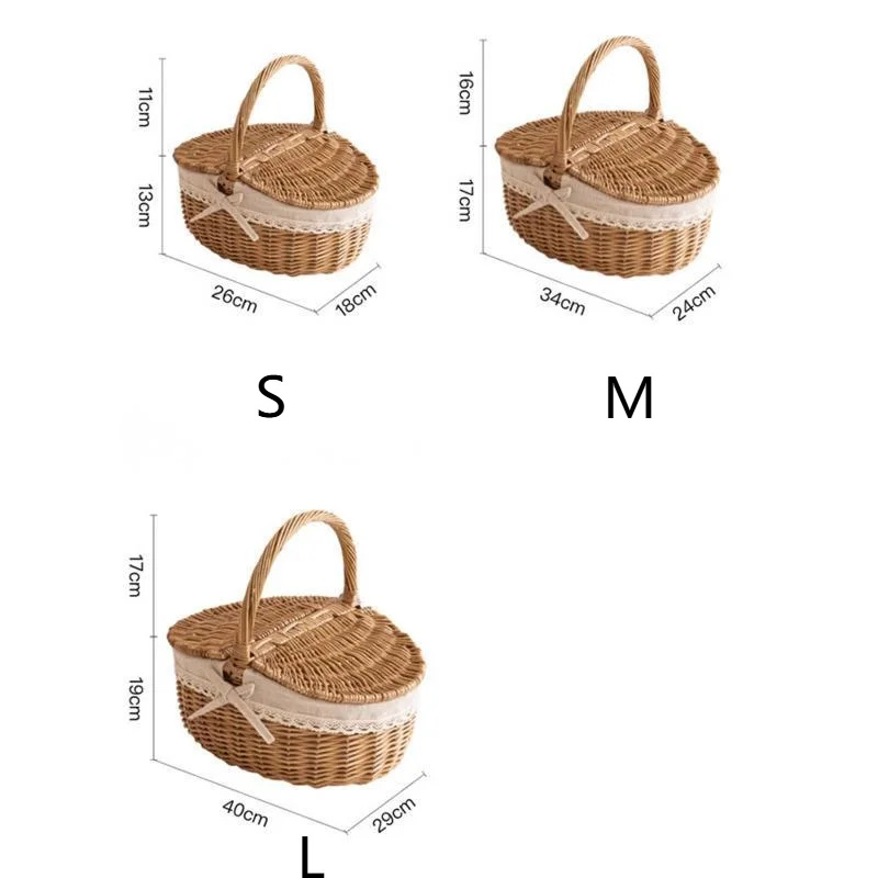 Cesta de Picnic de gran capacidad con tapa, cesta tejida de mimbre y bambú, contenedor de aperitivos para almacenamiento de frutas para el hogar, cesta de mimbre para exteriores