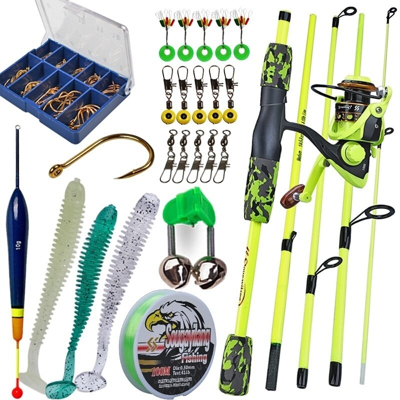 Sougayilang Spinning Fishing Combos with 5 Sections Rods and Spinning Reels Fishing Baits Hooks Travel Fishing Set: Yellow / 1.7m-YW2000 Full kit
