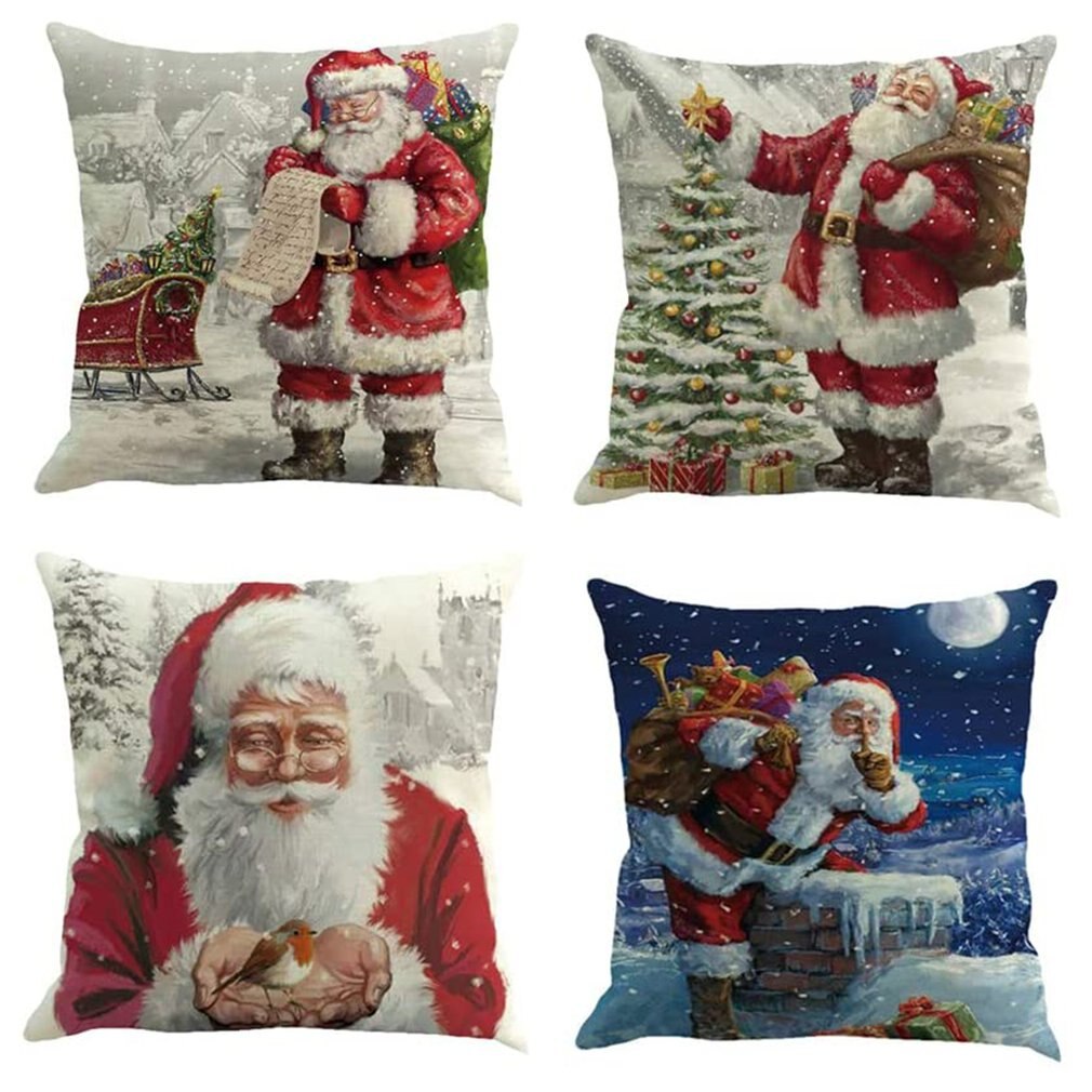 Kerst Kussenhoezen Set Van 4 Katoen Linnen Afdrukken Kussenhoezen Decoratieve Kussenhoes Voor Sofa Kantoor 45X45 cm