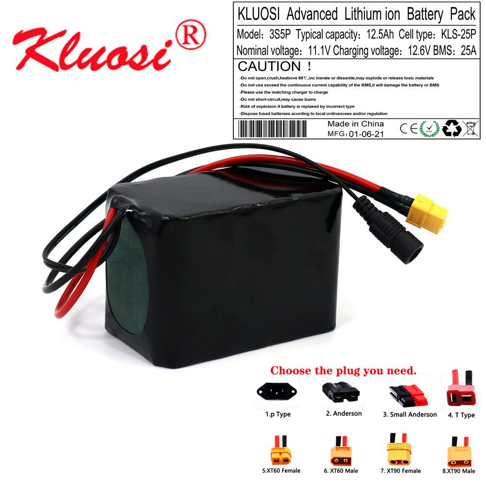 KLUOSI 12V 12.5Ah 12Ah 3S5P 12.6V Lithium Battery Pack with 25A BMS 250W High Capacity for Motor Scooter Solar Energy Light Etc
