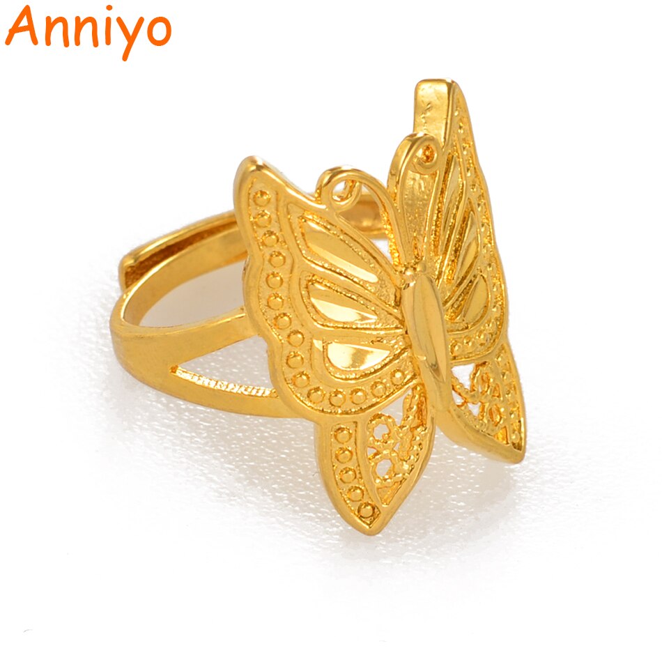 Anniyo Goud Kleur Vlinder Ring Verstelbare Voor Vrouwen, Trendy Insect Sieraden Png #003409