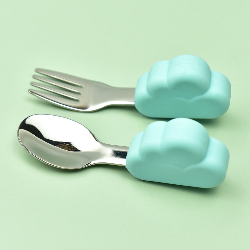 Soft Spoon for Baby Feeding Toddler Tableware Set Stainless Steel Utensil Cloud Toddler Dinnerware Cartoon Infant Spoon Fork: Gncloud