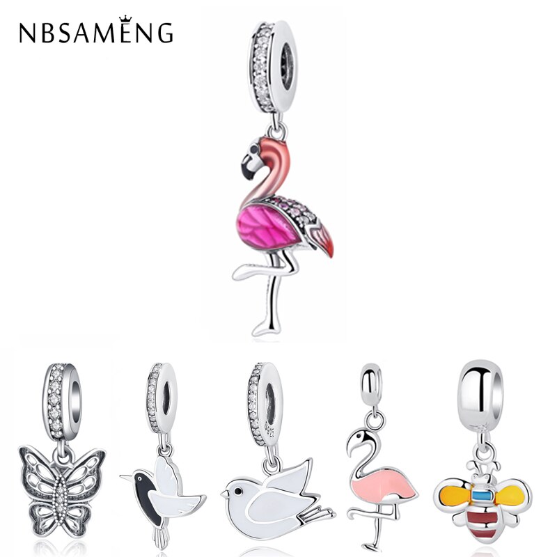 Novo 925 Sterling Silver Bead Rosa Flamingo & Papagaio Colorido Pingente Encantos De Cristal Beads Fit Pulseiras Jóias Originais