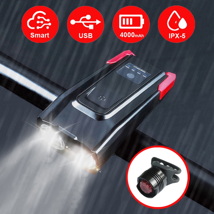 4000 mah induktion cykel forlygte sæt usb genopladelig smart forlygte med horn 800 lumen led cykel lampe cykel lommelygte