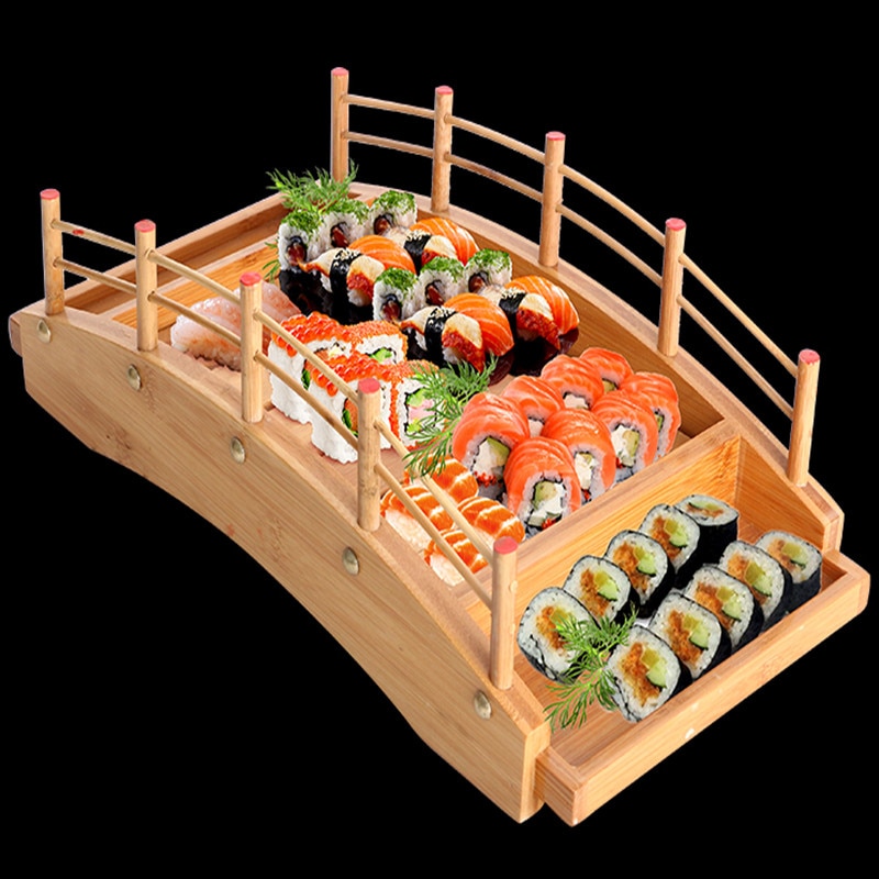 Japansk træ træ køkken sushi bro både fyrretræ sushi sashimi tallerken fad sushi bordservice dekoration ornament