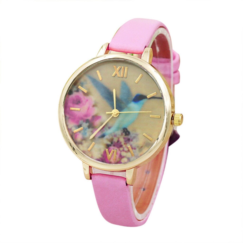 Vrouwen Jurk Leather Horloges Bloem Gedrukt Horloge Analoge Quartz Analoge Horloges Relogio Feminino: Pink