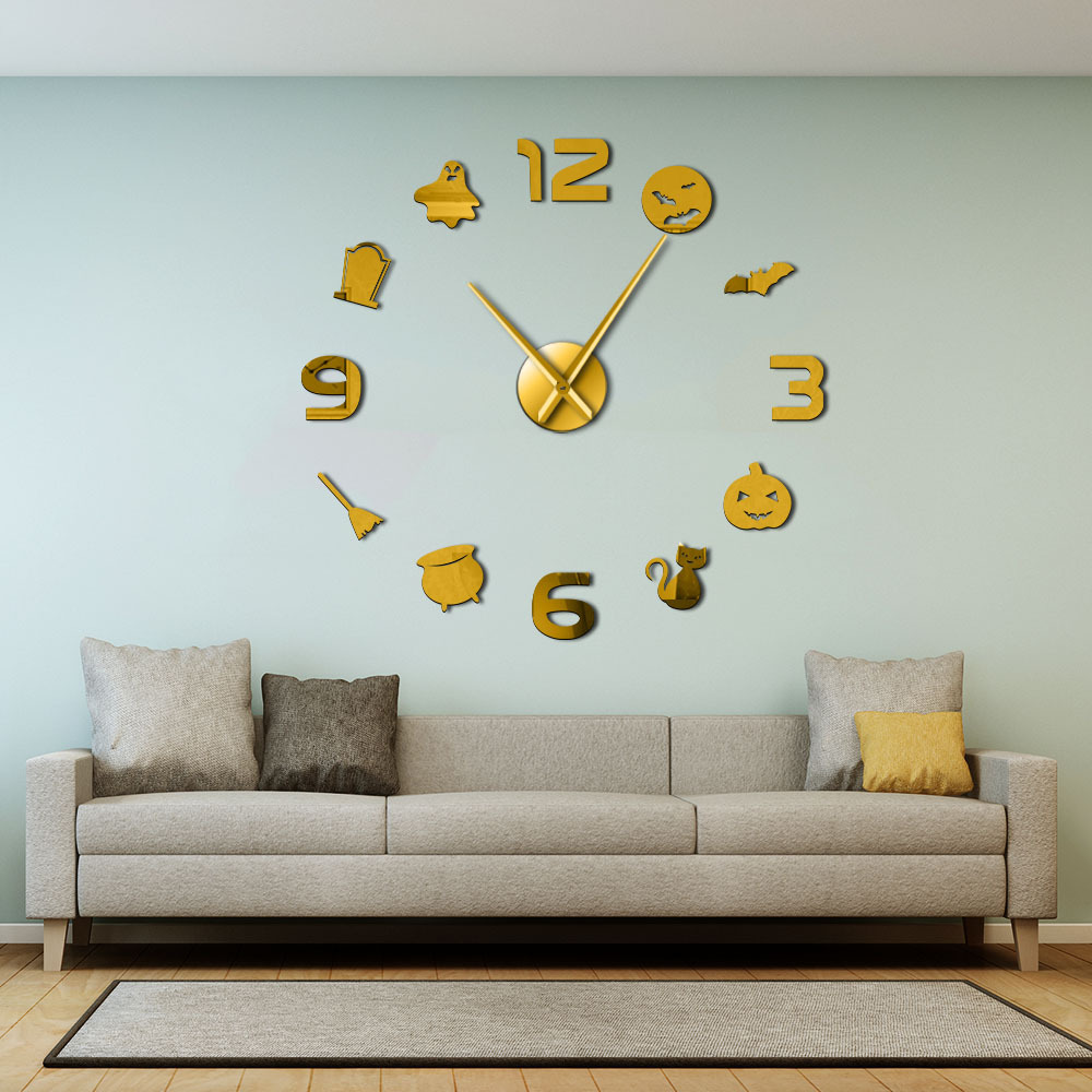 DIY Silent Wall Hanging Art Big Wall Clock Halloween 3D Trick or Treat Horror Wall Clock with Big Clock Hand Digital Mirror