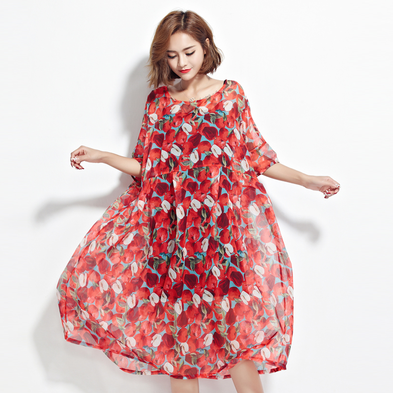 BelineRosa Plus Größe Frauen Strand Kleid Böhmischen Stil rot Apfel Druck 2 Stck Kleider Große Größen Frauen Weibliche TYW00332