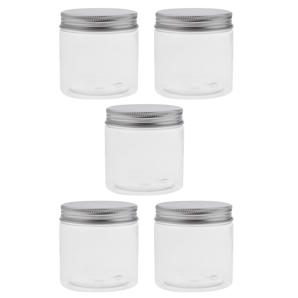 Set van 5 doorzichtige plastic potjes/potjes 200ml aluminium schroefblikken, make-upcontainers, lege flesjes voor lotion, balsem, tea tree-olie en honing.