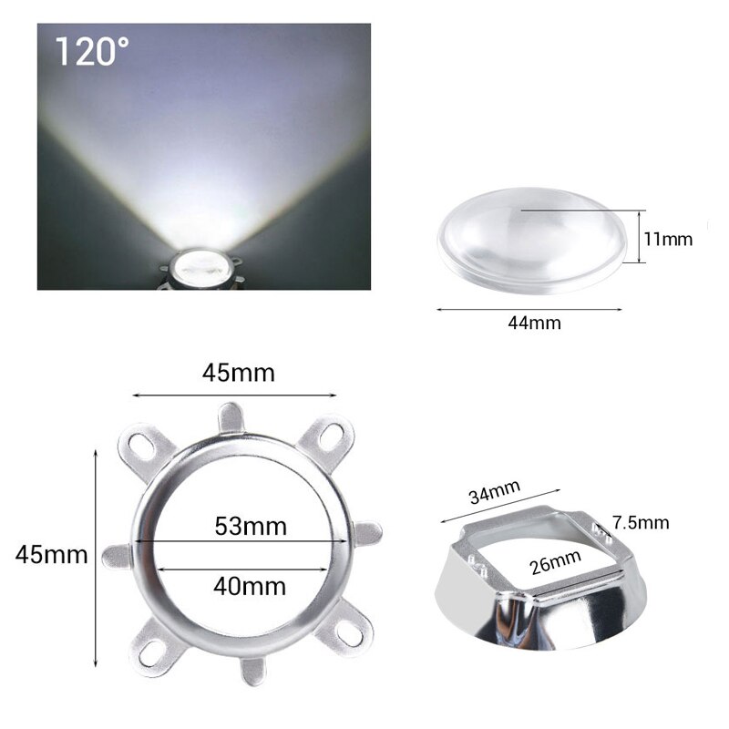 44mm cob led optinen linssin heijastin 60 120 asteen kohdevalo suuritehoinen cob led siru lampun kansi diodimatriisin matriisin valonheittimelle: 120 astetta