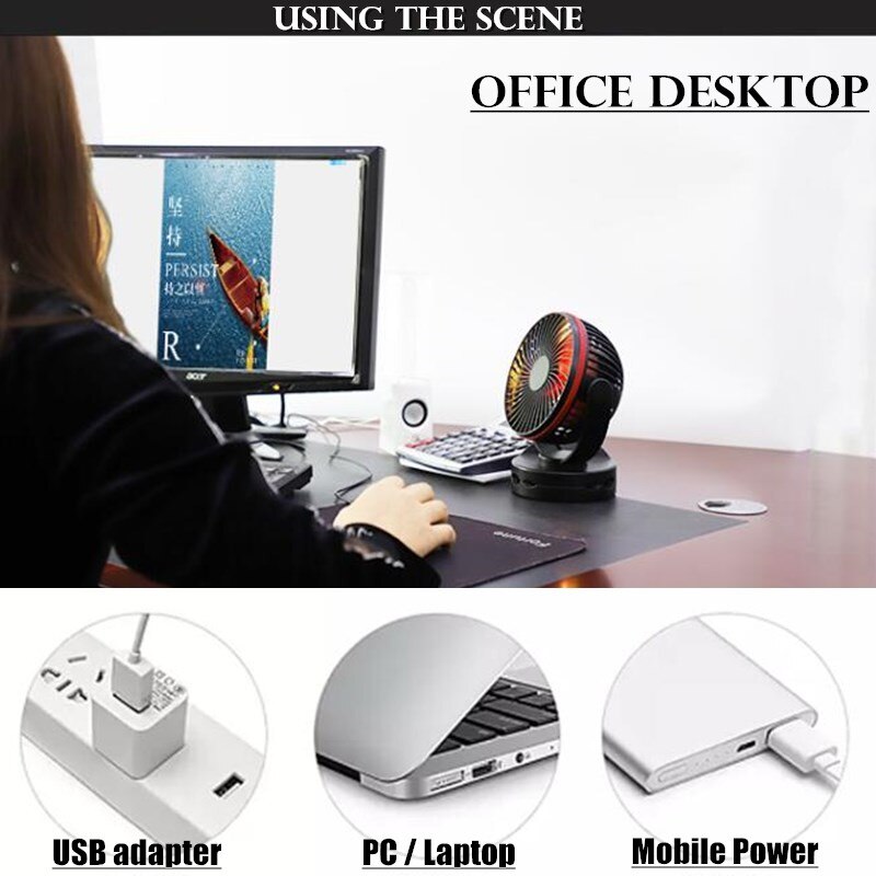 7 " krachtige wind-usb-ventilator, ,3600 mah oplaadbare batterij, 4- snelheidsaanpassingen met verlichting, 360 rotatiehaken, clips en bureauventilator