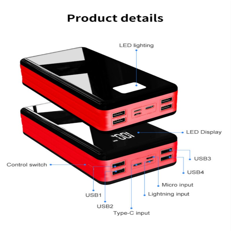 80000mah portátil com display digital led banco de energia móvel para xiaomi samsung iphone 4 usb carregador de bateria externa