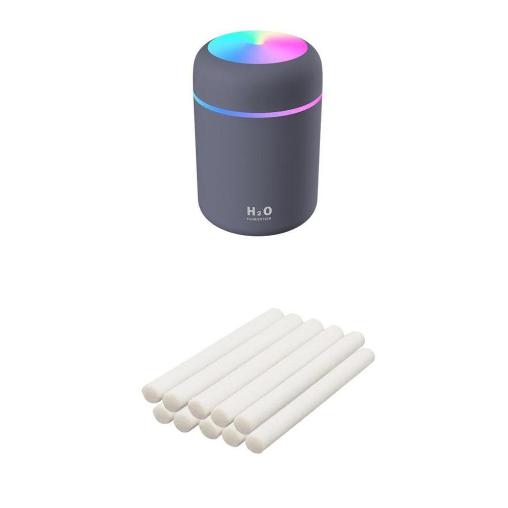 300ml Air Humidifier Ultrasonic Mini USB Aroma Essential Oil Diffuser Cool Mist Maker with Colorful Light for Car Home: Gray 10 filters