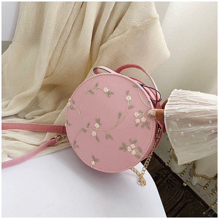 Süße Spitze Runde Handtaschen PU Leder Frauen Umhängetaschen Weibliche Kleine Frische Blume Kette Schulter Weiß: Pink