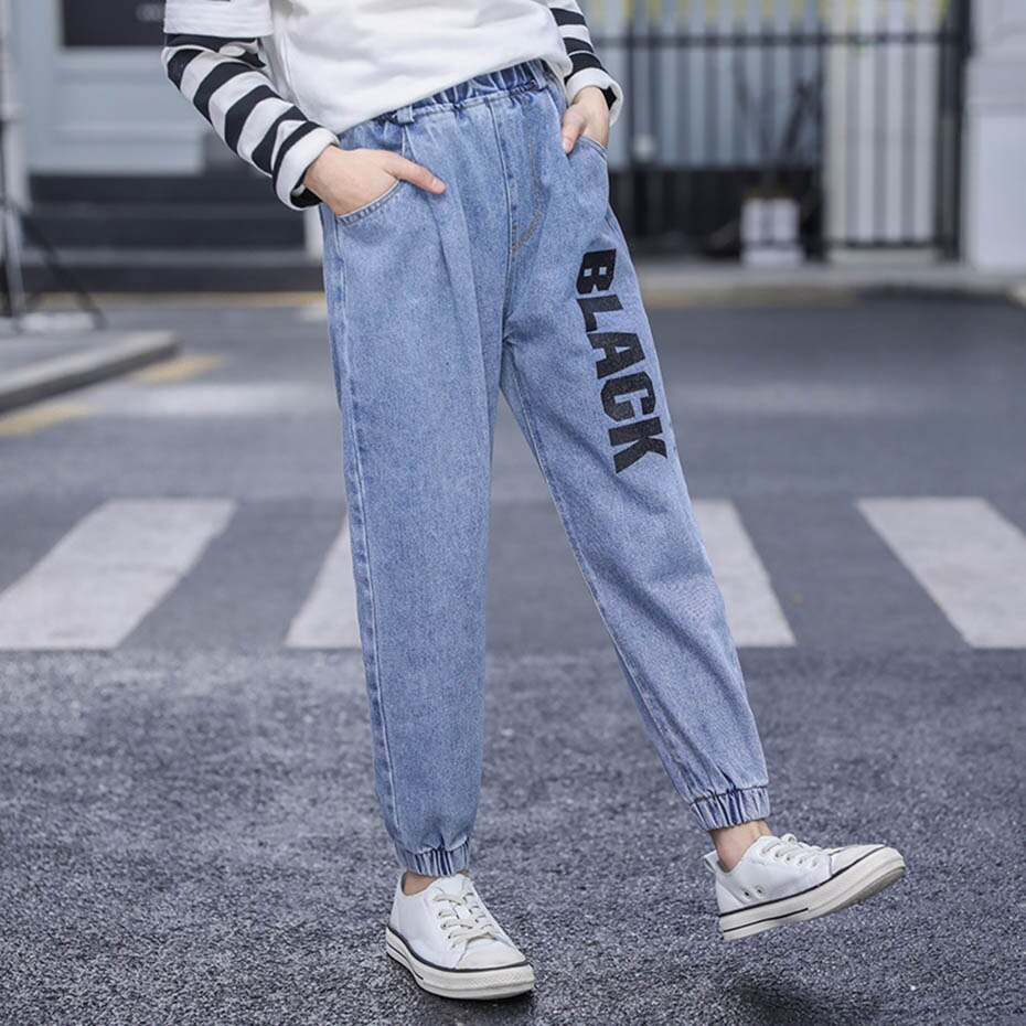 Jeans jente bokstavmønster jeans barn jente fritidsstil barn jeans vår høst klær for jenter 6 8 10 12 14: 13