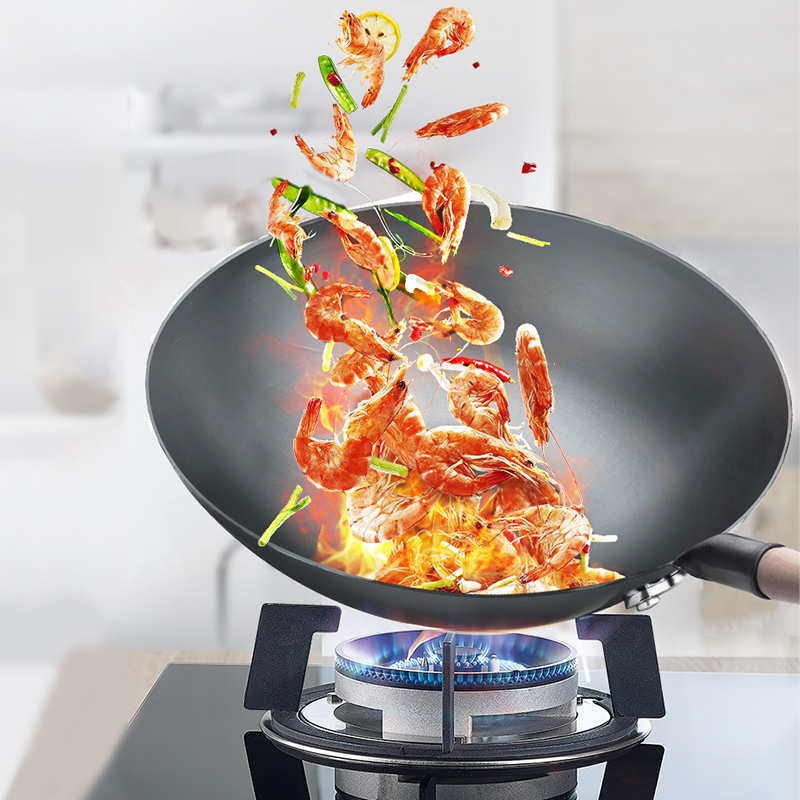 Traditional Handmade 100% Iron Wok Thickening Non Coated Round Bottom Pan Wok Cook Large Cooking Pot Wood Handle Lid