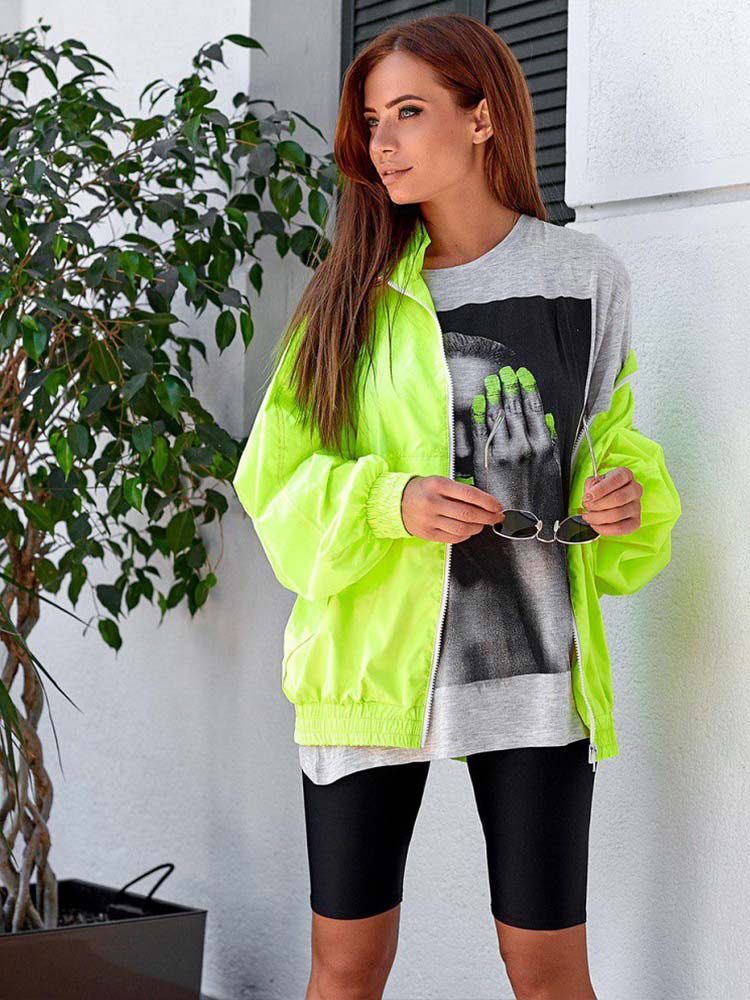 frauen Neon- Jacken Und Mäntel fluoreszierend Grün Herbst Neue Lange Ärmel Reißverschluss Jacken verlieren aktiv Beiläufige Mäntel