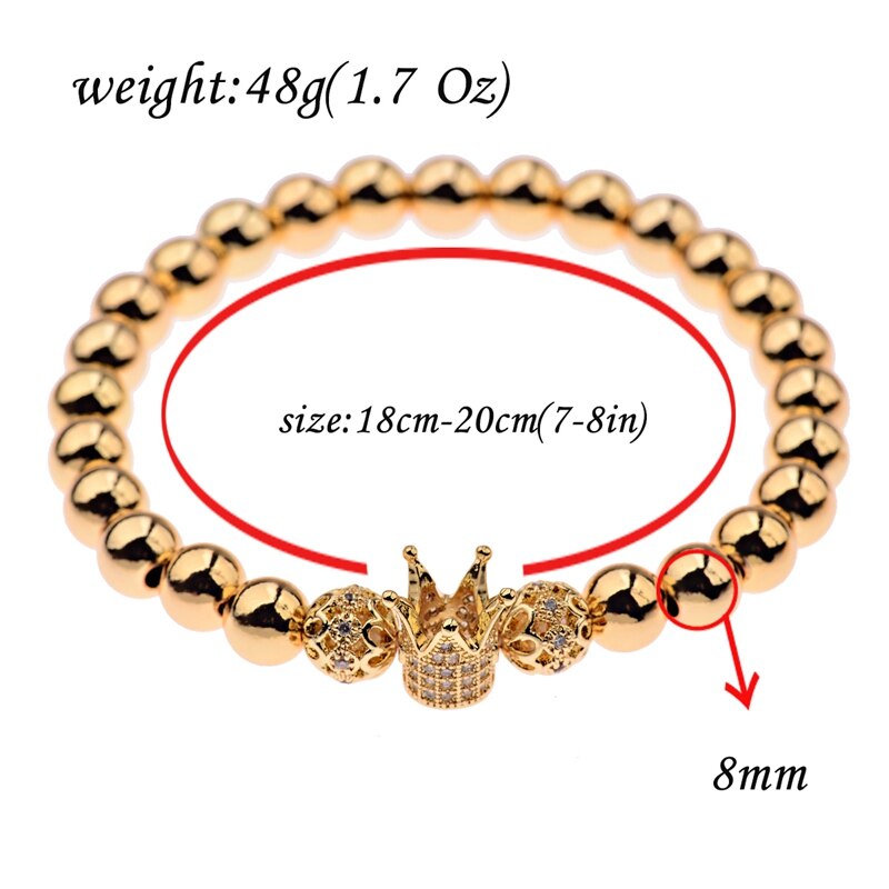 Oiquei 2 stk / sæt par armbånd til kvinder mænd guld 8mm kobberperle & cz krone beaded charme bnagles armbånd luksus smykker