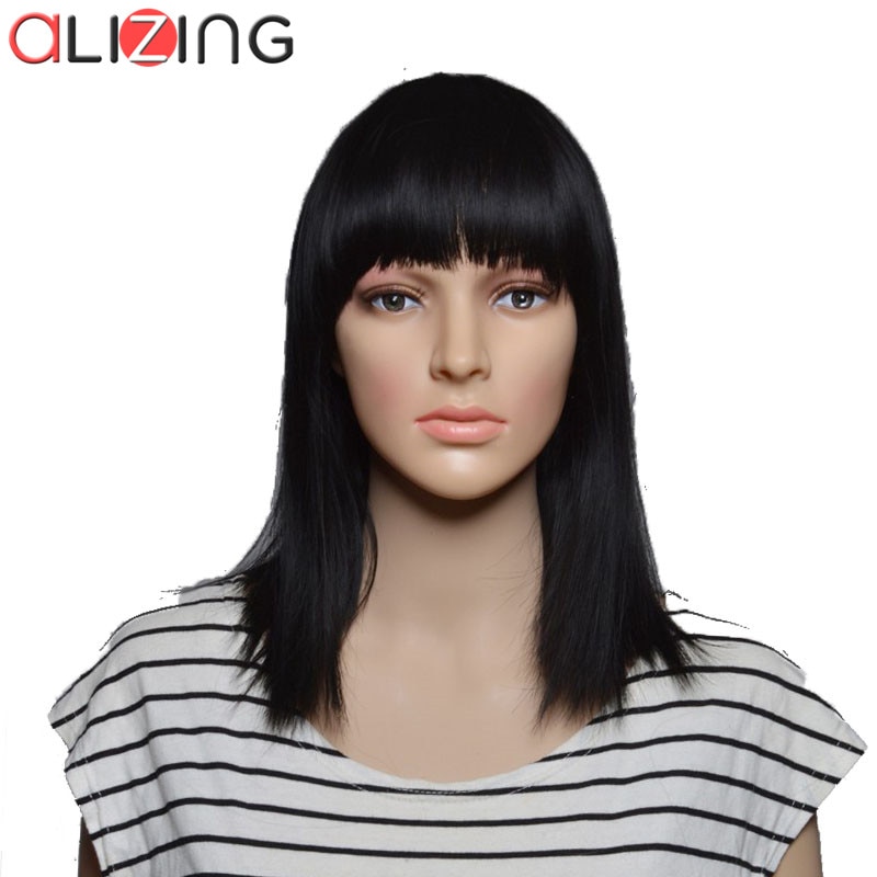 Alizing Synthetische Natuurlijke Zwarte Pruik Lange Rechte BOBO Haar stijlen Pruiken Sliver Grey Haar BOB Fiber Haar Pruiken Pelucas Pelo 0178: Natural Black