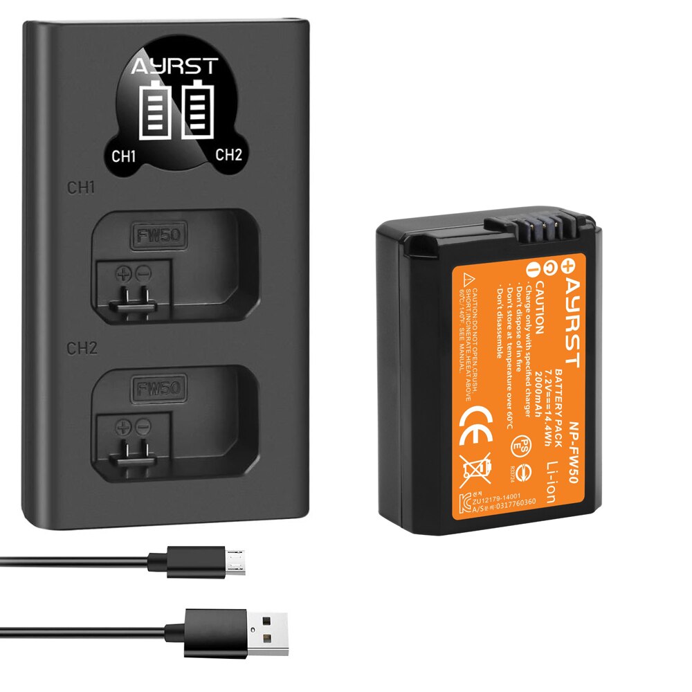 2000mah NP-FW50 NP FW50 Batterie Per Foto/Videocamera + Doppio LED Del caricatore DEL USB PER Sony Alpha a6300 a6500 a7 7R a7R a7R II a7II NEX-3 a7S NEX-7: 1Batteryand1charger