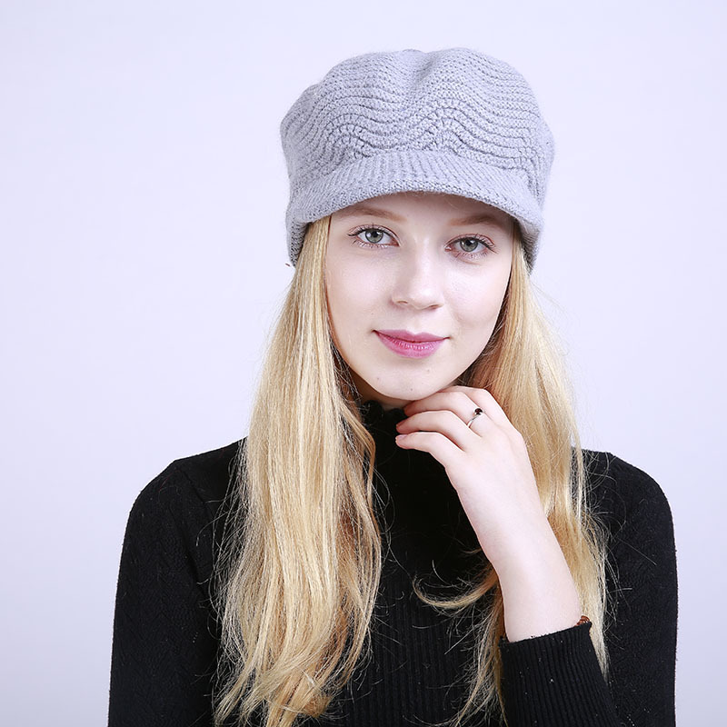 Autumn Winter Brim Wool Hat Solid Color Soft Beanie Female Women Warm Fleece Inside Knitted Visors Cap: Gray