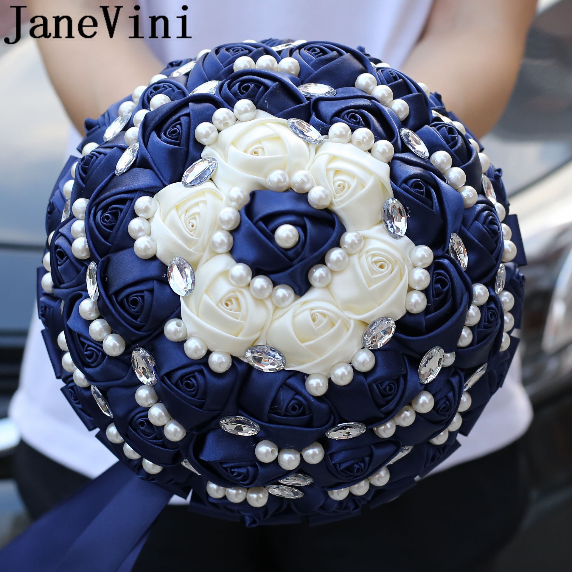 JaneVini Navy Blue Pearl Beaded Flwer Wedding Boquet Bride Satin Flower Bouquets Crystal Rose Bridal Bouquet bruids boeket