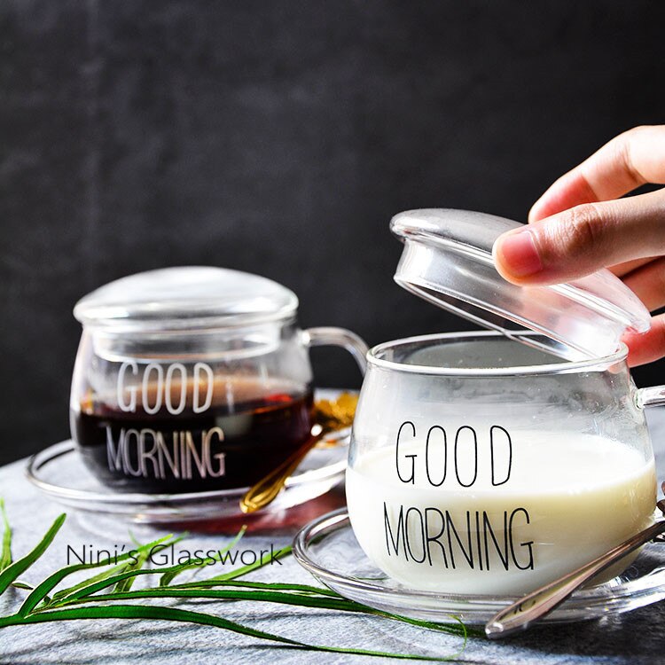 Taza de leche creativa para desayuno, resistente al calor, linda taza de cristal para café de oficina con tapa con , taza de agua