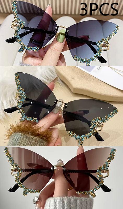 Luxus Diamant Schmetterling Sonnenbrille Frauen Y2K Jahrgang Randlose Übergroße Sonnenbrille Damen Brillen: rauchig Grau