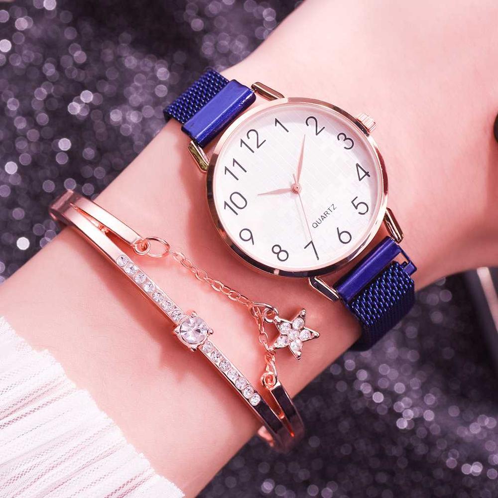 Ensemble de 2 montres pour femmes avec bracelet en maille magnétique et aimant en or, montres à quartz à chiffres arabes pour femmes