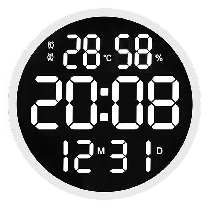 12 tommer ledet lydløs digital temperatur og fugtighedsur, elektronisk ur til dekoration i stuen: Hvid sort / Os stik