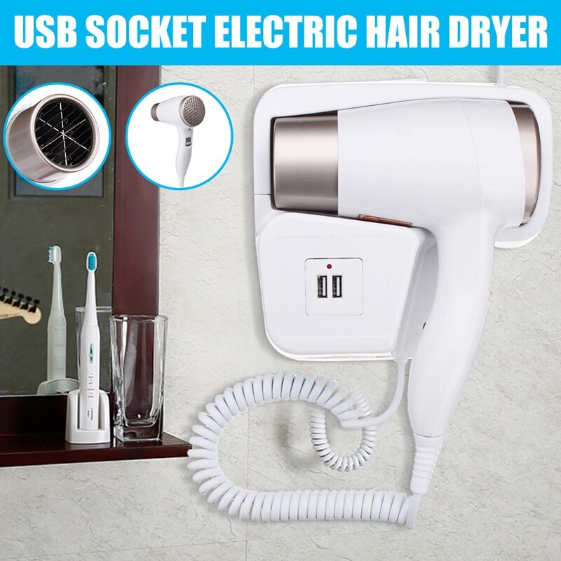 220V 1300W 2 Modes Adjustable Usb Socket Wall Hanging Type Electric Hotel Home Bathroom Hair Dryer Holder Salon Hair Blow Dryer