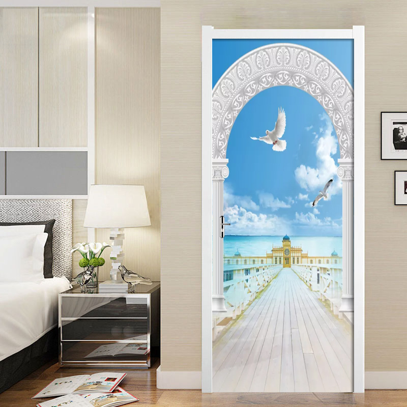 3D Roman Column Seascape PVC Waterproof Self-Adhesive Door Sticker Wallpaper For Living Room Bedroom Door Decals Wall Sticker