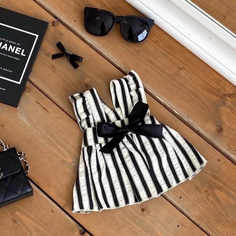 Vestido de princesa con lazo para perro, ropa de verano para perro, falda a rayas de lujo en blanco y negro, chaleco para perro, ropa para perros Chihuahua Bichon Yorkie