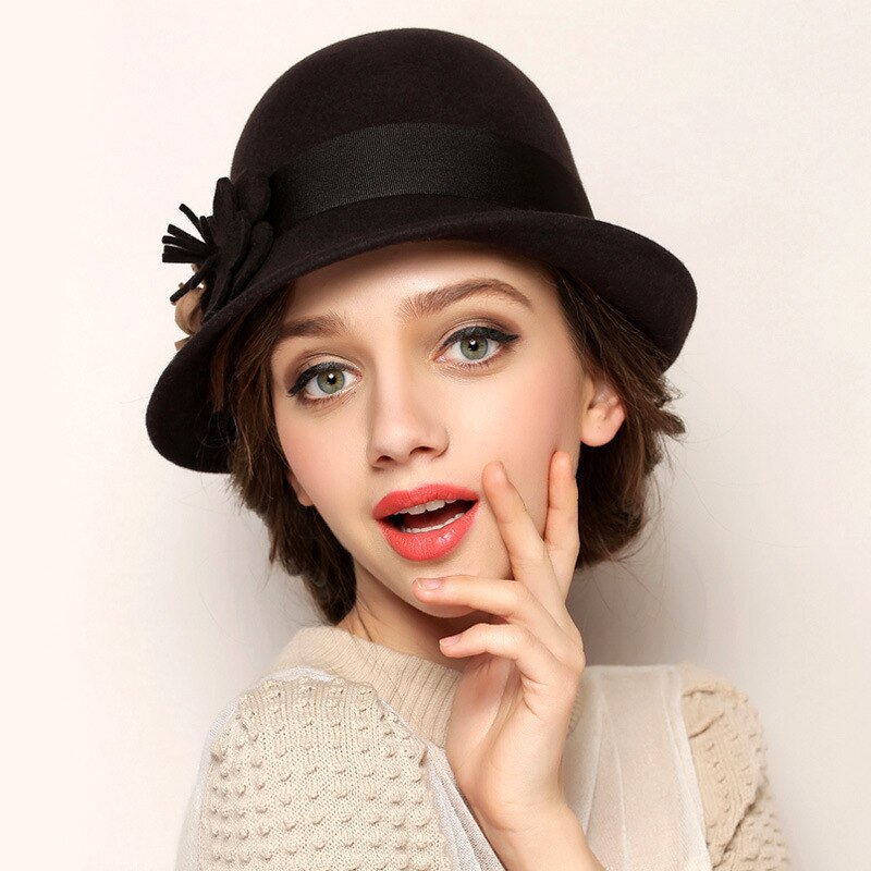 100%  australiensisk svart ullfilt fedora hattar för kvinnor vintage brett kant vinter kyrka cloche derby hatt fedoras blomma mössa