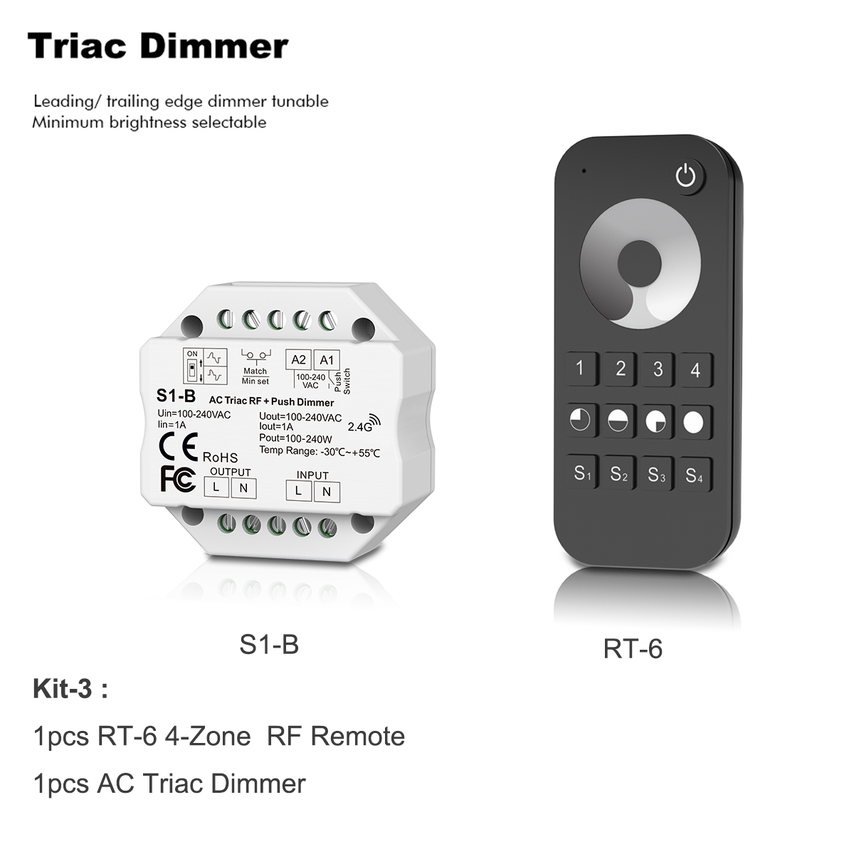 Interruptor de atenuación inalámbrico LED Triac de AC110V-220V, control remoto de atenuación táctil de 4 zonas para LED de un solo Color, 2,4G, S1-B: Kit-3