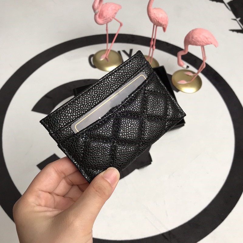 Cartera pequeña de cuero acolchado a la para mujer, cartera corta para mujer, monedero, tarjetero negro de Caviar