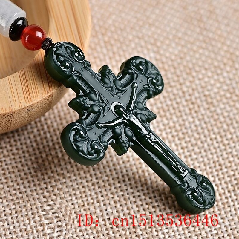 Natural Hetian Jade Jesus Cross Pendant Necklace Jadeite Jewelry Men Buddhist Lucky Carved Charm Women Amulet