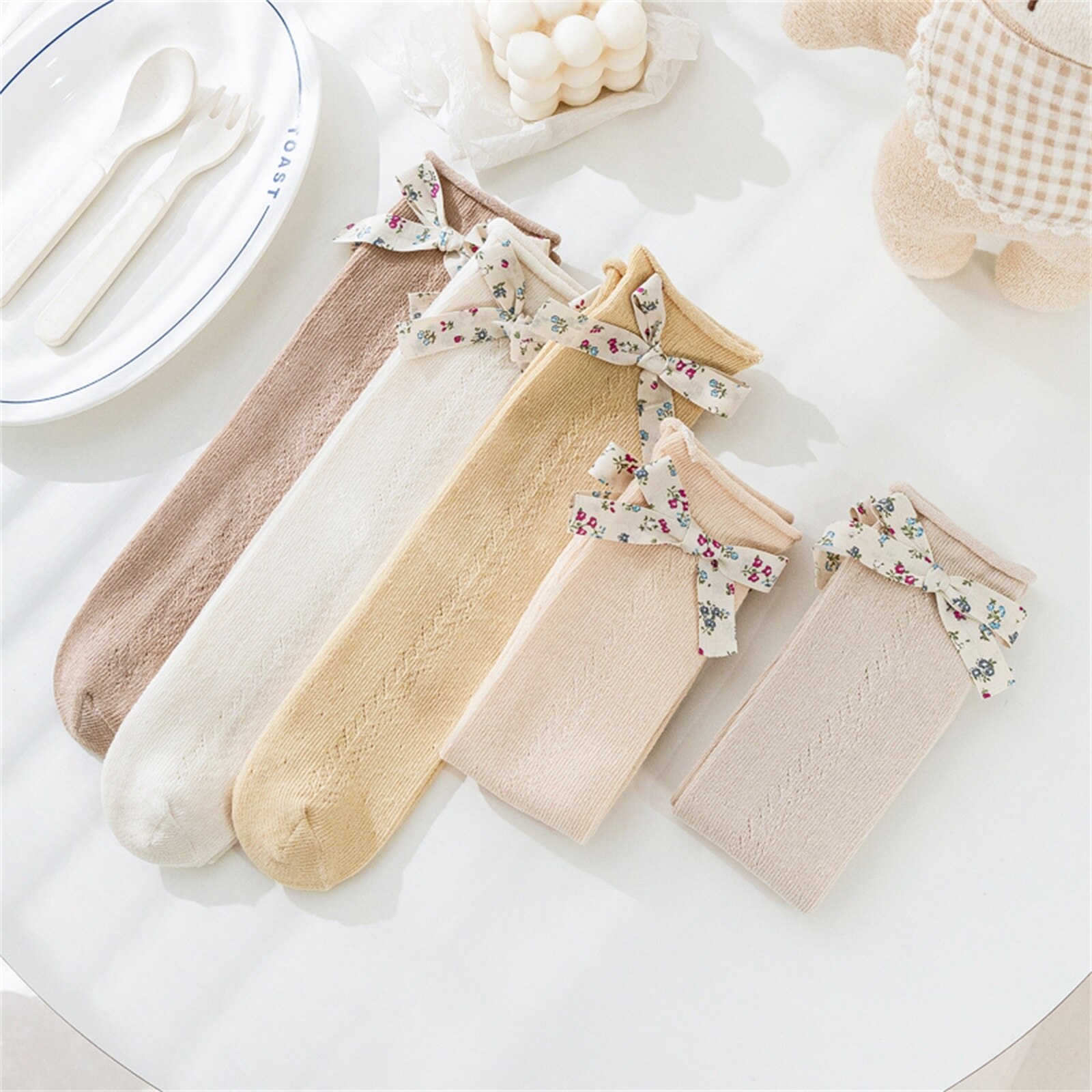 Peuter Baby Meisjes Kniekousen, Gekamd Katoen Mesh Hoge Sokken Met Bloemen Strik Decoratie Voor Kinderen, 5 Kleuren