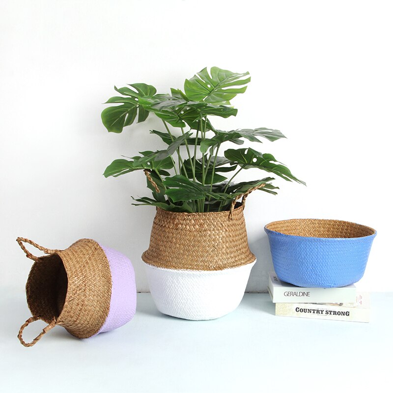 Boho Decor Foldable Handmade Rattan Storage Basket Folding Wicker Seagrass Belly Straw Garden Flower Pot Planter Panier Mimbre