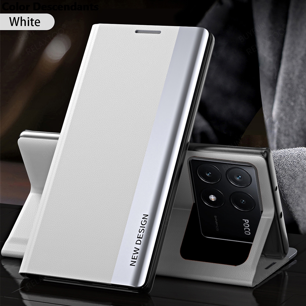 För poco  x6 pro 5g fodral i bokomslag, elektropläterat läder, flipfodral, pocox 6, poco little  x 6 x6 pro 6x, magnetiskt hållare, stativ: Magmuskler / Vit